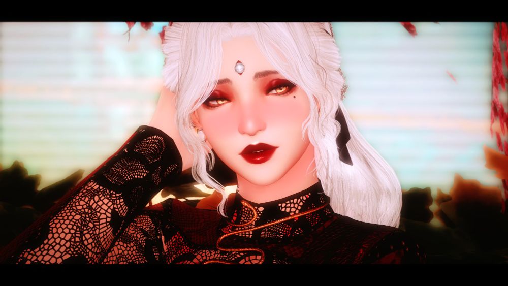 My xiv oc Lina, a femme midlander based model with a Garlean third eye, stands in front of  screened background of Kugane. She is looking down and to the side, blushing, as if embarrassed or caught off guard. She is tucking hair behind her ear, shyly.