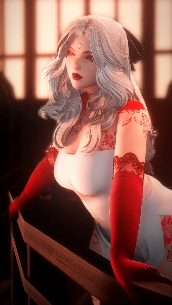 My xiv oc, Lina (white haired, golden eyed fem midlander model with a Garlean third eye), wearing a pure white dress with large thigh slits. Bright red gloves adorned in lace cover her arms. She leans on a railing, with windows in the background emitting a yellow-gold hue. Her face is lit up by the same amber light. She looks down below her with a sultry, soft look.