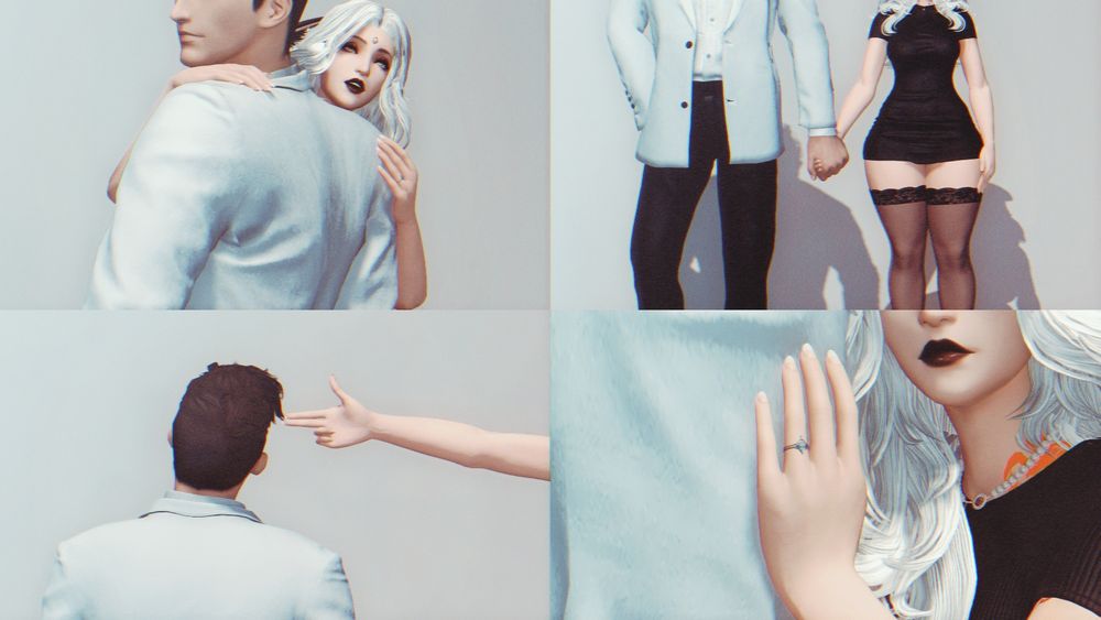 A four picture gpose set of Oscar and Lina, set to the photoshoot from Sabrina Carpenter's new album, Man's Best Friend