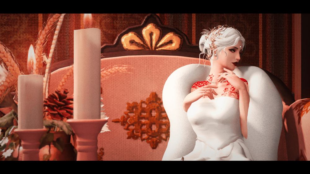 My xiv oc Lina dressed in a shimmering white dress, a fur shawl draped over her shoulders. She wears a golden flower headband with pearls, her white hair tied up in an elegant bun. Pearl and gold rings adorn her fingers along with her wedding band. A pearl and ruby necklace sits on her neck. Her head is turned to the side, eyes slightly lowered as she smiles coyly, hands resting over her breast and under her chin. The photo is zoomed out to show candles in the corner.