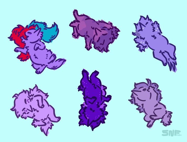 Six purple Addisons drawn as babies (pibs).