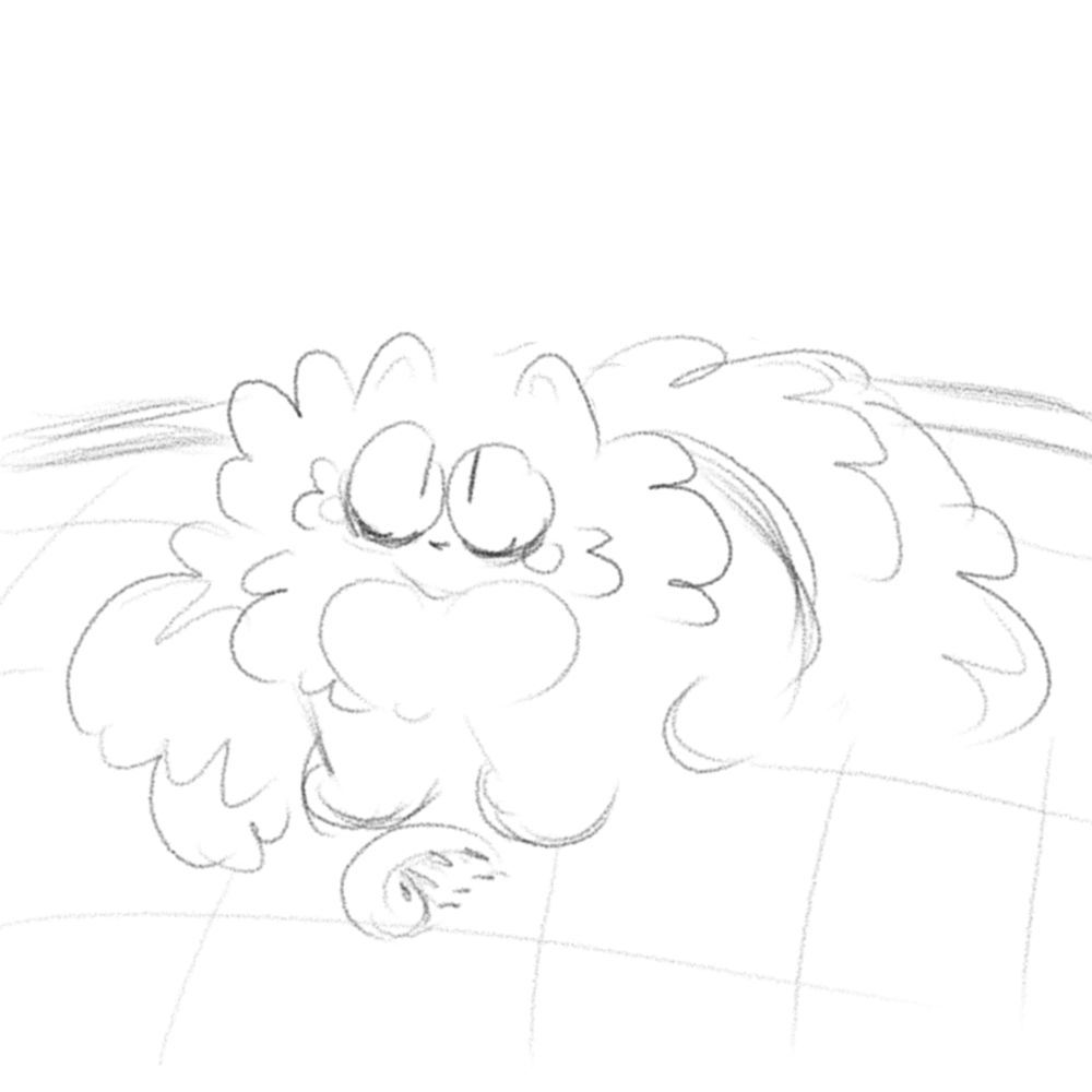 digital sketch of Teddy, a fluffy cat, looking up at the POV as he presents a dead bug