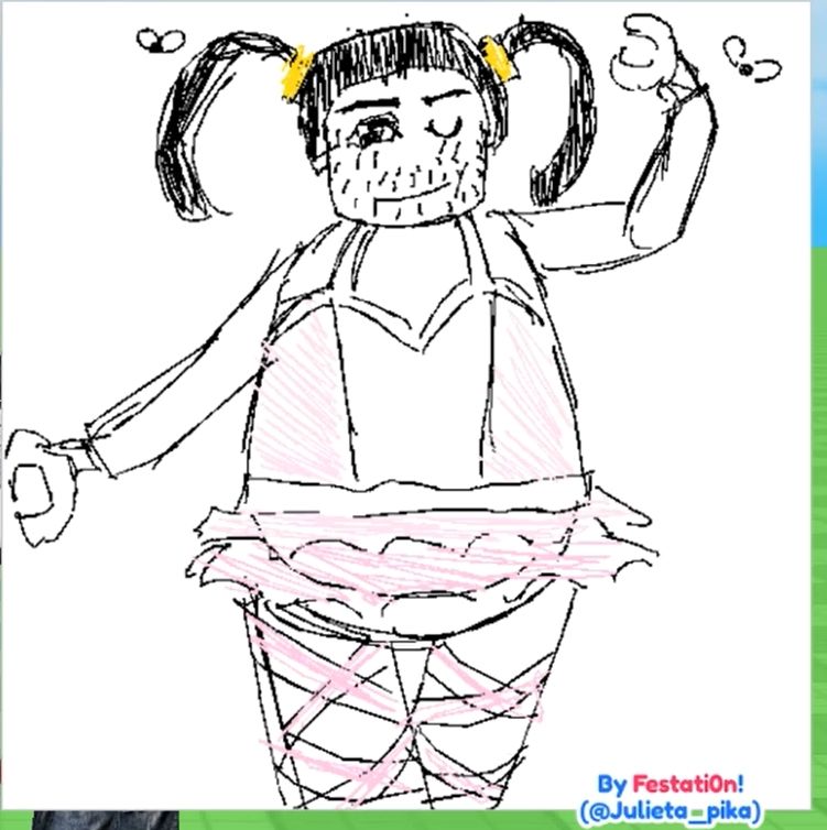 Drawing of gilberts avatar in a pose, left arm up, other arm down and towards the side, legs kinda crossed while standing, winking with left eye