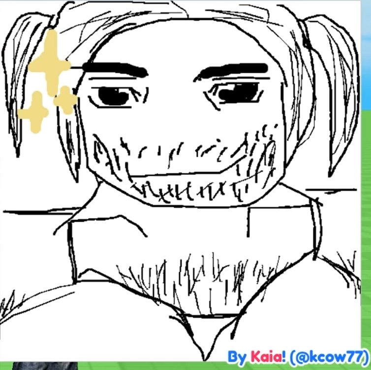 Drawing of Gilbert's avatar close up, showing chest hair and facial hair, twinkling next to right eye