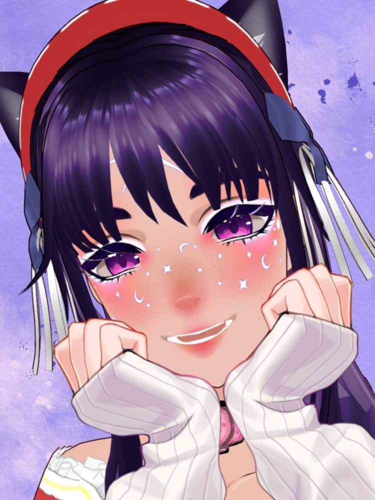 AitxaYumeNeko, purple haired cat vtuber smiling at you with her hands on her face. 