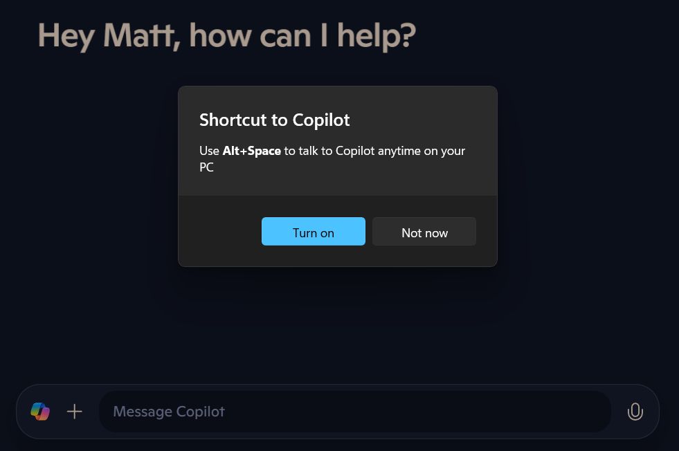 Microsoft Copilot desktop app asking to turn on the keyboard shortcut Alt + Space to talk to it anytime.
