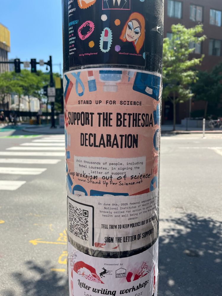 Flyer telling people to sign the Bethesda declaration underneath a flyer advertising a John waters tribute <3
