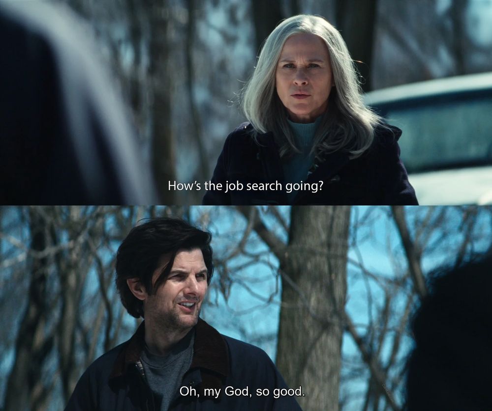A modified scene from Severance TV show with two characters outdoors. The first character, a woman, asks, 'How’s the job search going?' The second character, a man, responds humorously, 'Oh, my God, so good.'