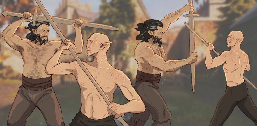 blackwall and solas sparring in the skyhold courtyard. they are both shirtless, wielding wooden training weapons; blackwall has a sword, solas has a staff; and they are both sweating and having a good time