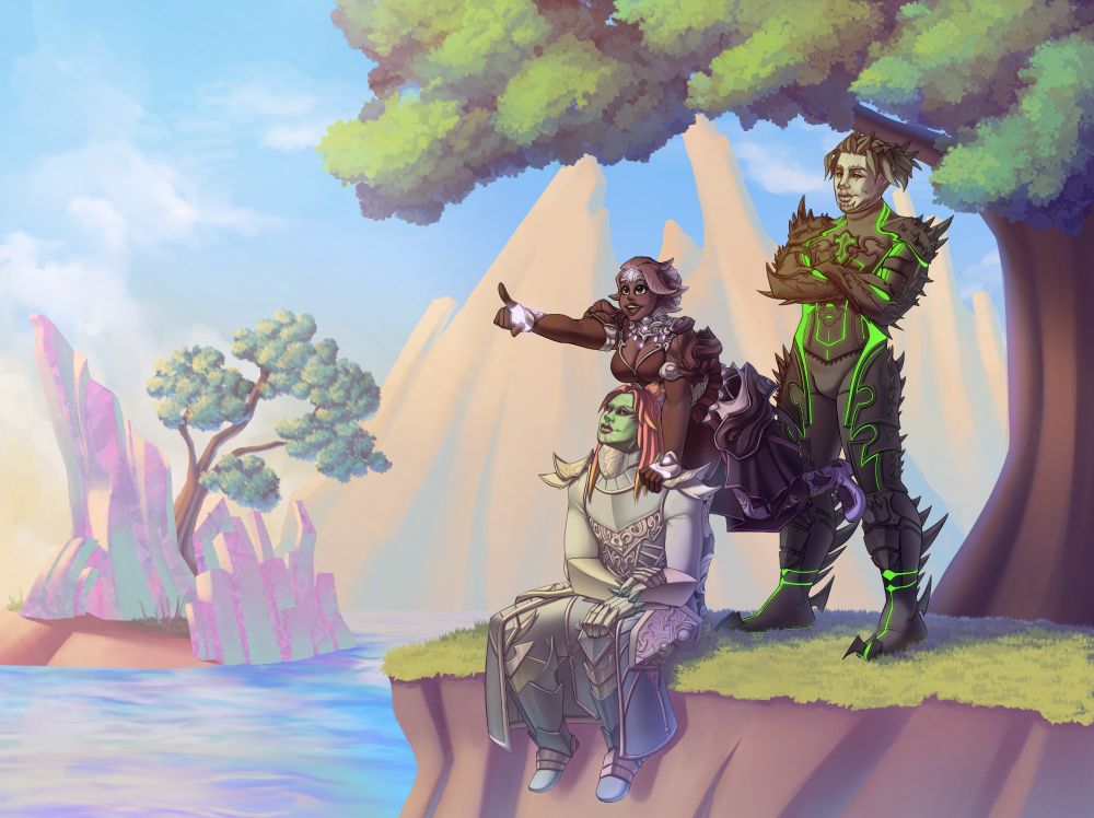Three characters overlooking the crystalline area of Grothmar Valley. Lanai, the purple Sylvari dressed in a Crystal Savant outfit, points to the horizon. The soft green with pink hair sylvari, Ren, is dressed in a blue/purple armor. He is sitting under her by the cliff they're standing, looking up at Lanai with content and adoration. Cain, the sylvari with gray bark, green hair, and a scar on his left eye, is wearing a black largos armor with green glowing accents. He stands behind them, looking over them. 