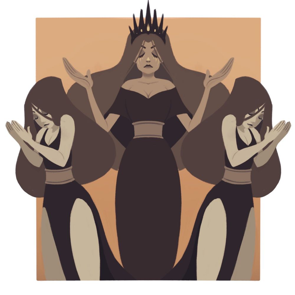 A coven; two assitants who are mirrored and a main priest at the center wearing a crown. They hold their hands up for prayer.  