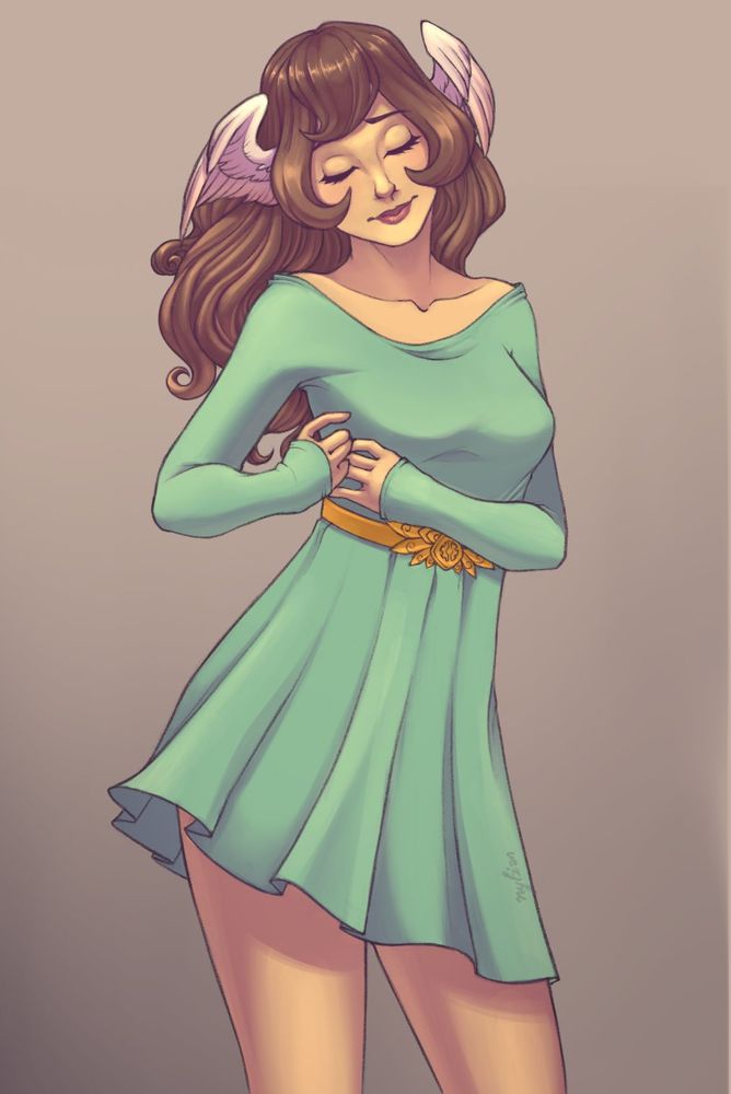 A girl with brown hair and angel wing ears, wearing a jade dress with a gold waistband. 