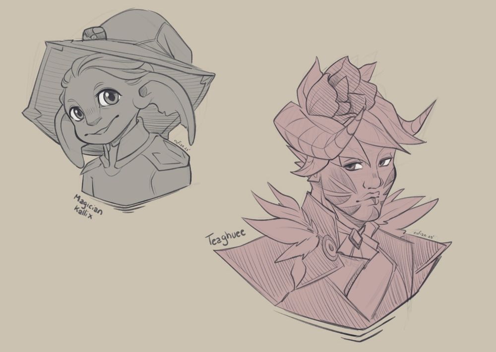 On the left: The sketch of an asura, a gw2 race, smiling. They have slicked back hair, and are wearing a wizard's hat. Character belongs to charrrbroiledmoa.
On the right: The sketch of a sylvari, a gw2 race, looking at the viewer. They have horns and fancy, feathered attire. Character belongs to commanderteag.