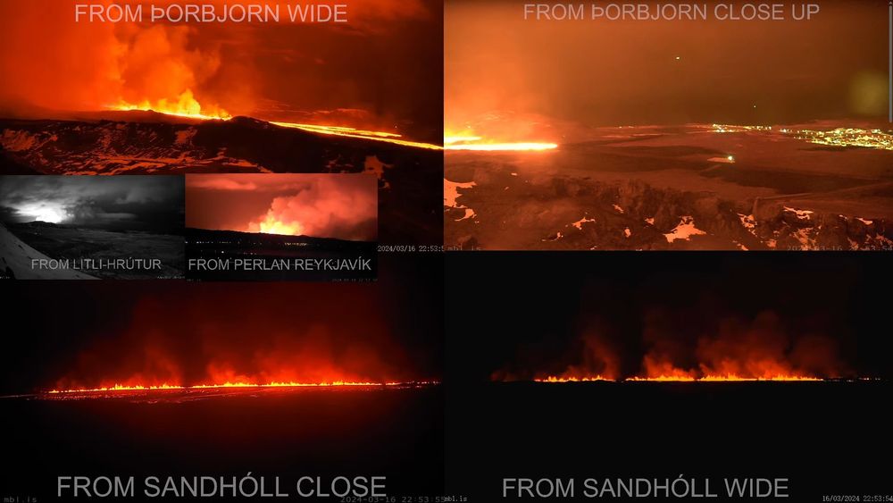 Several web cameras showing the eruption. One of the web cameras showing lava flow going towards Grindavík town.