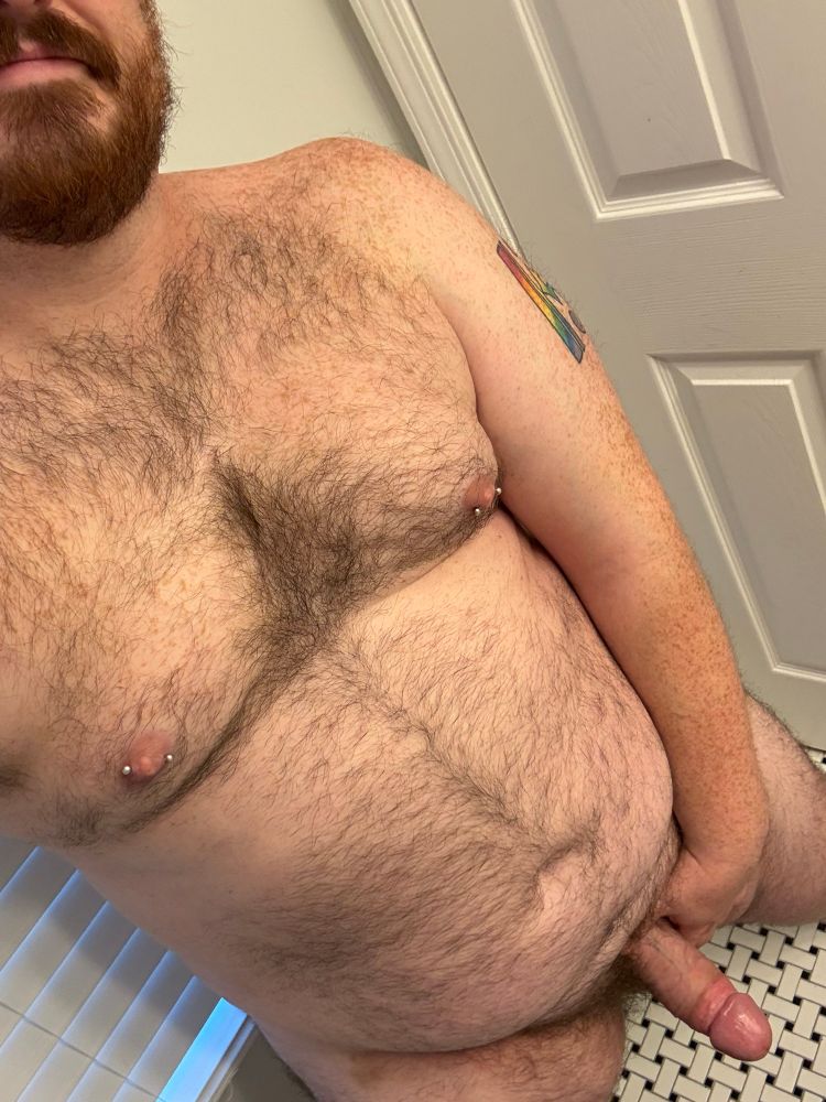 Selfie angle of my body and dick. Nipples piercings are silver