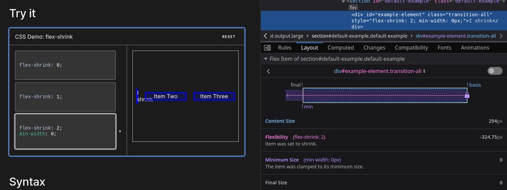 Overriding the intrinsic minimum size constraint by using `min-width: 0` allows elements to shrink beyond the default limits.