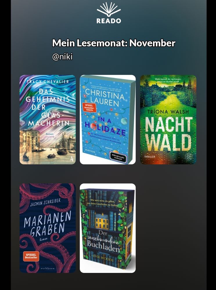 Chevalier: Das Geheimnis der Glasmacherin 
Lauren " In a Holidaze 
Walsh: Nachtwald
Schreiber: Marianengraben 
Woods: Der verschwundene Buchladen 