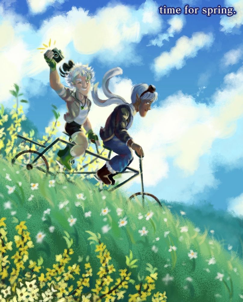 Alex and Magnhild riding a bike down a green hill, with Mag ready to take photos of the greenery! Yellow and white flowers dot the hill, and  the blue sky is filled with big fluffy clouds. Text reads, “time for spring”. 
