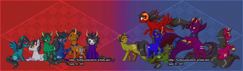terezi, karkat, kanaya, vriska, tavros, gamzee, sollux, aradia, equius, nepeta, eridan and feferi from homestuck as my little pony characters