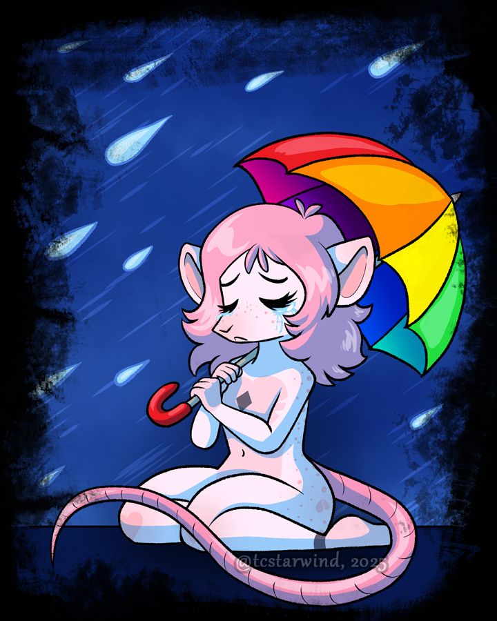 an illustration of a sad, pink mouse girl sitting in the rain trying to shield herself from it with a rainbow umbrella