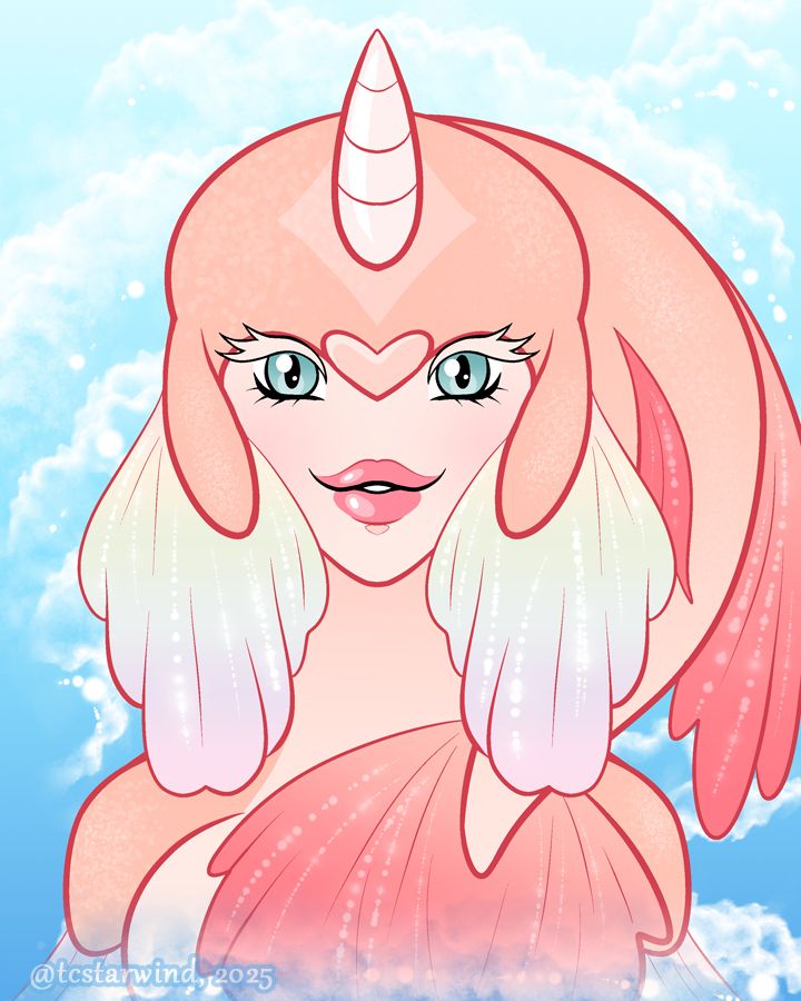 bust illustration of a soft pink zora lady with a narwhale horn and betta fins. there are blue waves in the background.