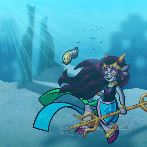 an illustration of an underwater scene of feferi from homestuck with her trident and a cuttlefish