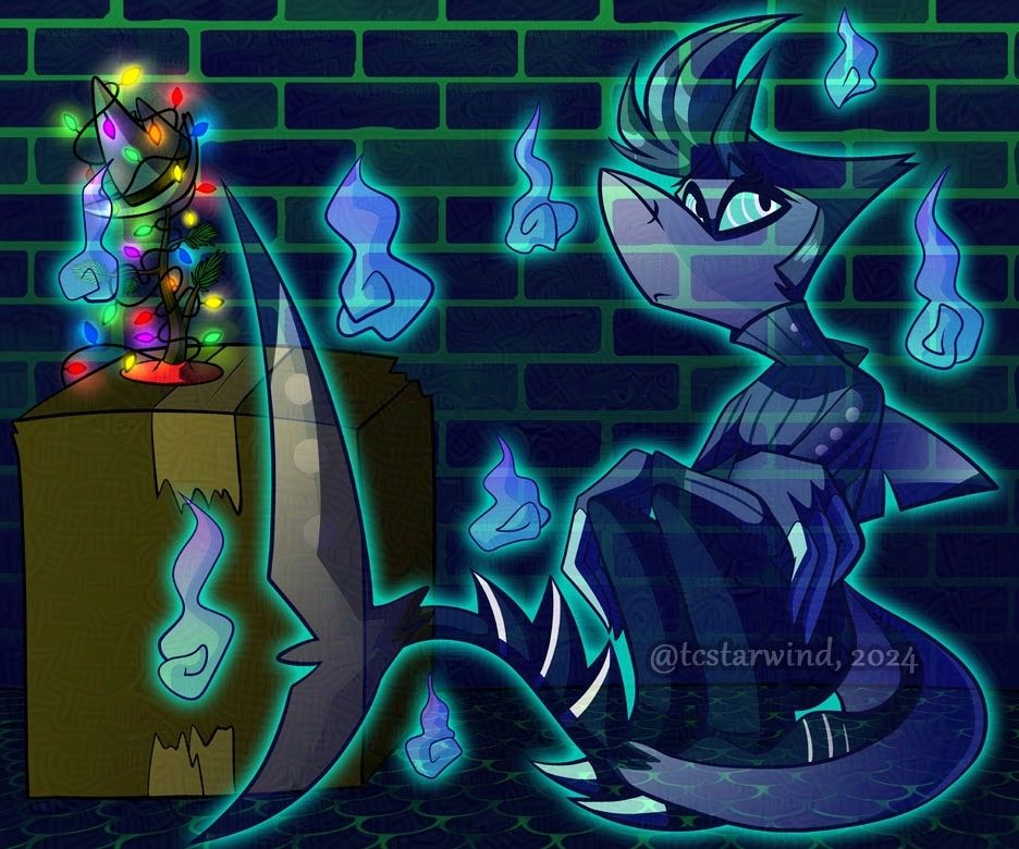 chaz the shark (from helluva boss) sits in a dark alley, his tail curled around him. next to him is a beat up cardboard box with a ratty, little christmas tree with lights on top. his hat, also wrapped in tree lights, hangs precariously on the small tree. he is transparent and surrounded by floating ghost wisps.