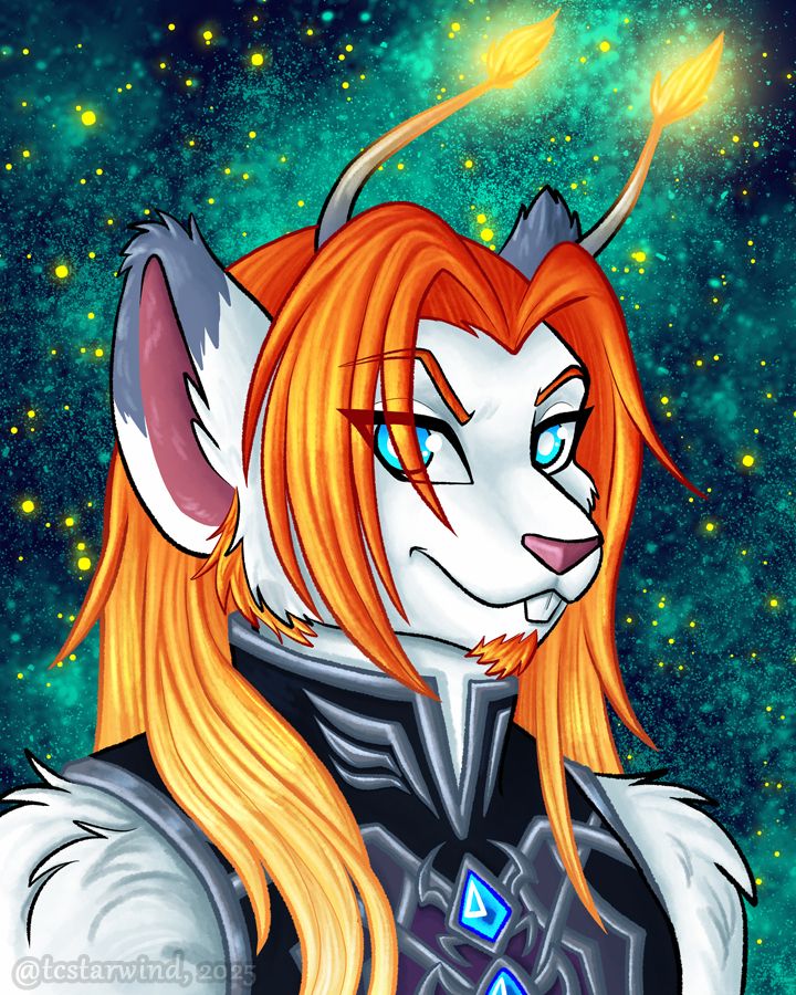 an illustrated bust shot of a white martian mouse with grey tipped ears and long hair the color of fire. his fluffy antennae glow brightly at the tips.