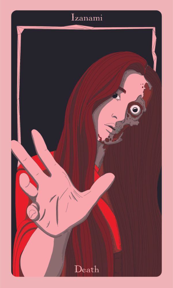 An alternate art of the Death tarot card. It depicts the figure of Izanami from Japanese mythology. She is rendered in reds and is reaching her right hand towards the viewer, breaking the frame of the card. Her head is tilted to the right and framed by long, burgundy hair that is cut off by the bottom of the picture. The left side of her face is serene, but the right side of her face is in a late stage of decay with muscle and bone showing under the patchy flesh. 