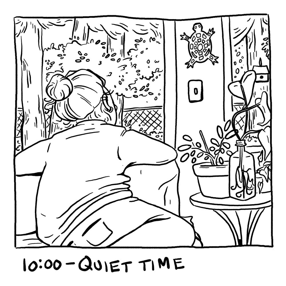 Person sitting on a love seat and looking out a window at a backyard full of trees and foliage. On the right side of the image there’s a round table full of plants. The caption says “10:00 Quiet time”