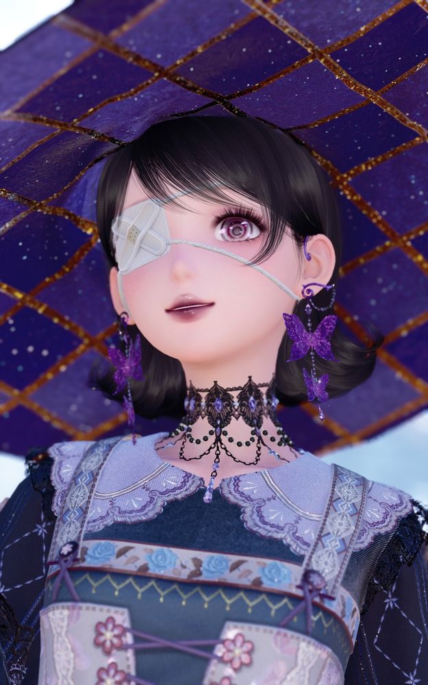 an in-game picture of an infinity nikki player character.

they are wearing a large blue, purple, and gold hat. they have black hair and red swirled contacts. they are wearing oversized purple butterfly earrings.