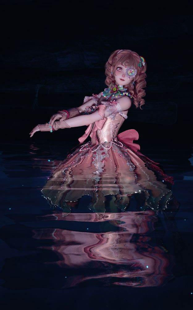 an in-game picture of a player character from the game infinity nikki

the player character is posed in the water. they are wearing all pink. they have colourful hair clips, eyepatch, and clown collar. there are pom poms at the ends of the collar. 