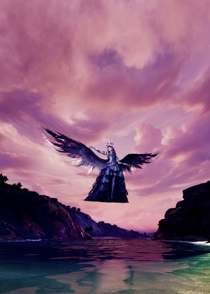 an in-game picture of a player in the game "infinity nikki". the player is posed above the water, floating. they're wearing all purple and have purple wings. behind them is a pink sky and shadowed hills.