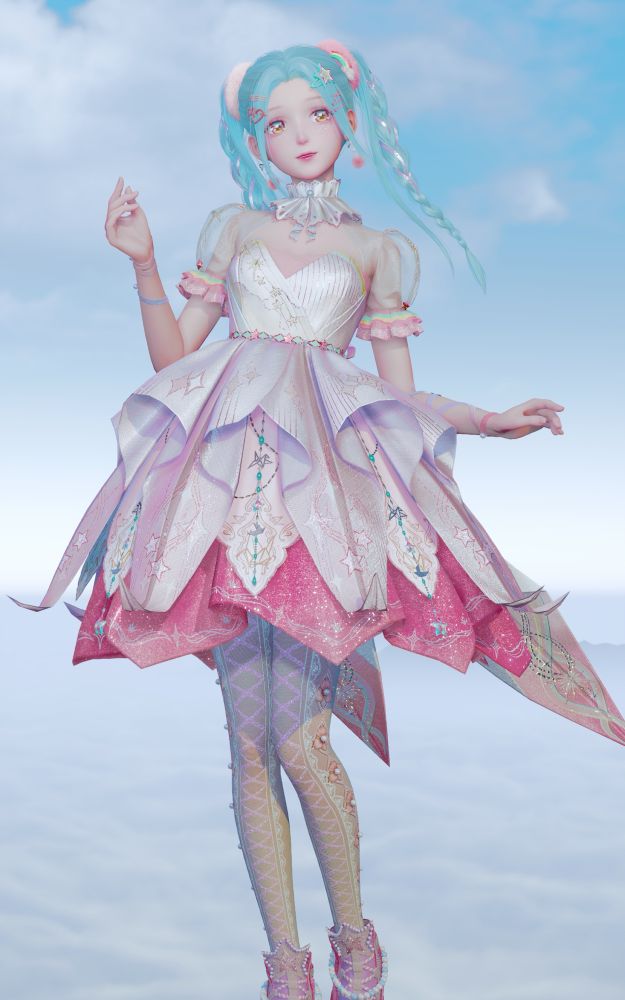 an in-game picture of a player in the game "infinity nikki".

the player character is posed in front of a cloudy blue sky. they have blue-green hair tied in pigtails with pink tinsel braided in. there are pink hair ties and pink hair clips at the top of their hair. they are wearing an all pink outfit.  