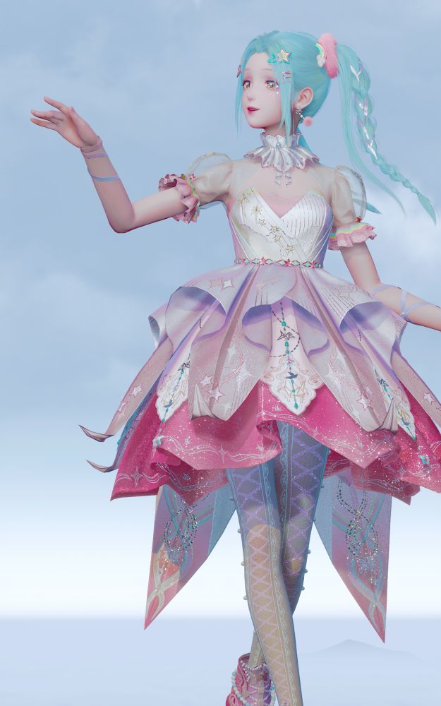 an in-game picture of a player in the game "infinity nikki".

the player character is posed in front of a cloudy blue sky. they have blue-green hair tied in pigtails with pink tinsel braided in. there are pink hair ties and pink hair clips at the top of their hair. they are wearing an all pink outfit