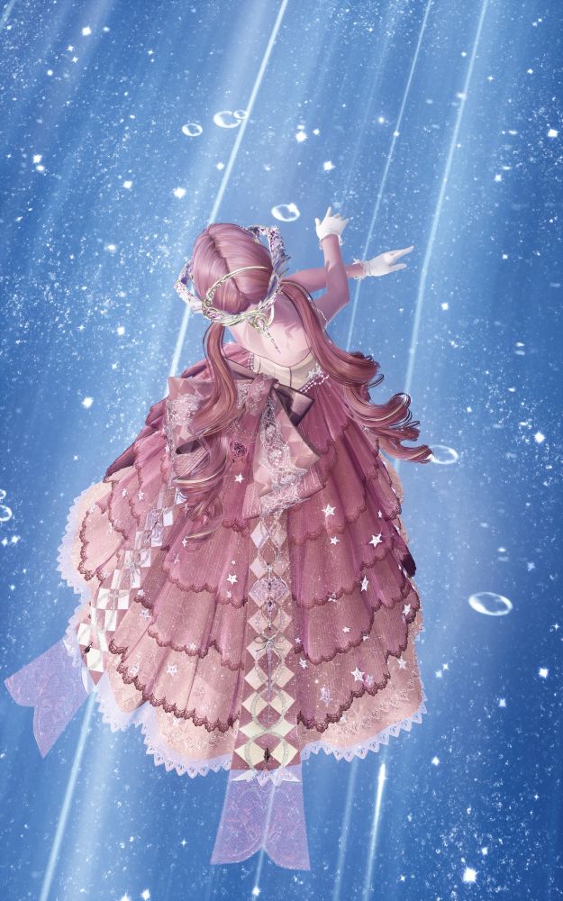 an in-game photo of a player character from infinity nikki. the camera is posed above the player character looking down at them. the player character is standing on the sea of stars.

the character has pink hair and is wearing a pink dress with a big pink bow on the back. their arms are crossed and posed in front of their body.