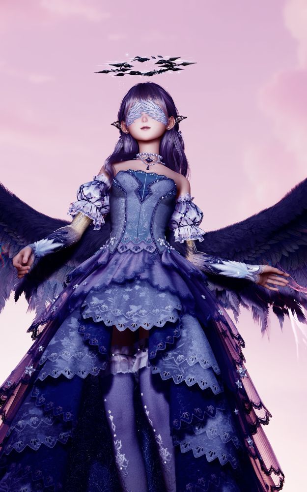 an in-game photo of a player character from infinity nikki. they are floating in the sky with purple wings. there are light purple wings covering their eyes. they have dark purple wings on their lower back that are spread out helping them to keep afloat.