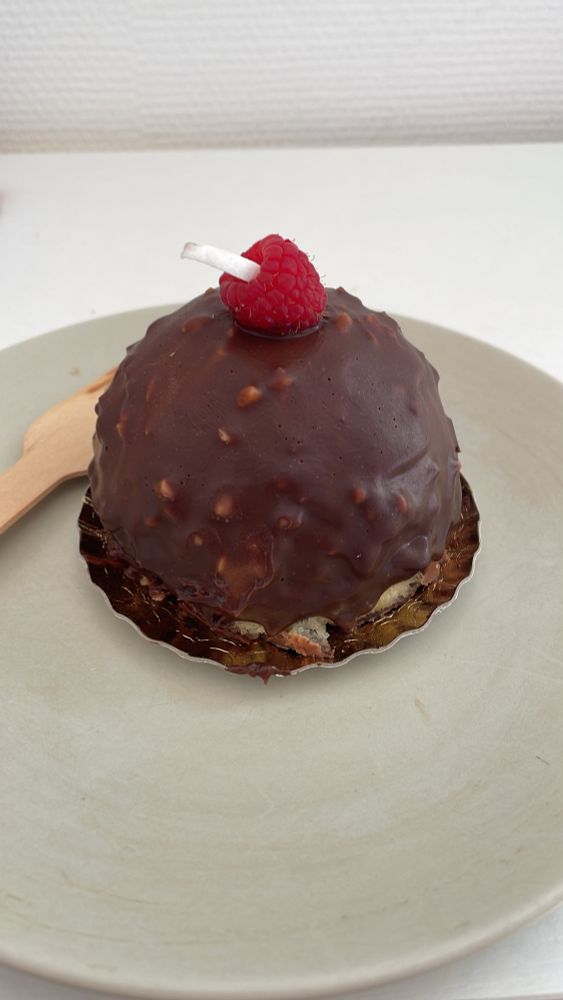 Le dôme au chocolat. Eine Art Granatsplitter mit Schokoladenüberzug, Sahnefüllung und Früchten aus der Pâtisserie nebenan.