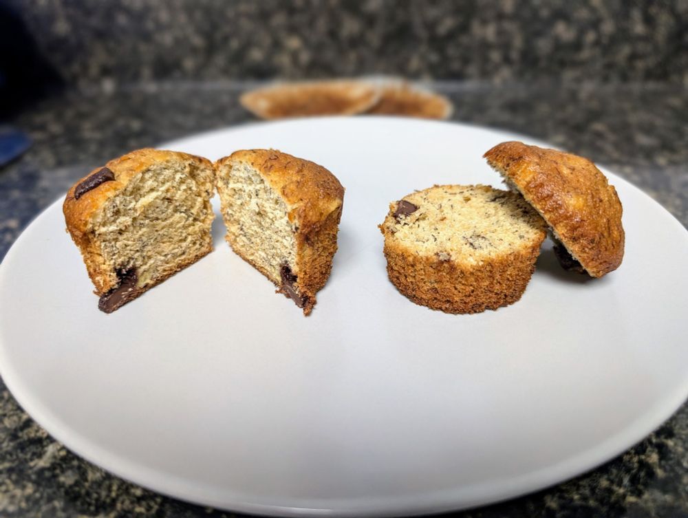 Two muffins pictured, left sliced vertically, right sliced horizontally