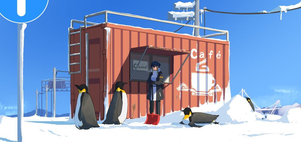 凍てついた世界の中青く澄んだ冬空と赤いコンテナを利用したカフェが描かれています
中心に描かれた人物は、どこから来たのでしょう出会ったペンギンを見つめています