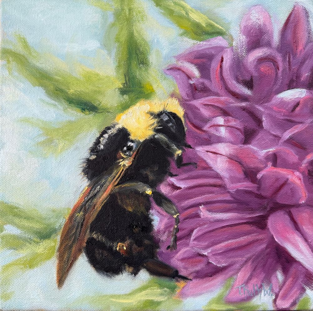 A painting of a bumblebee resting on a purple flower with many petals. 