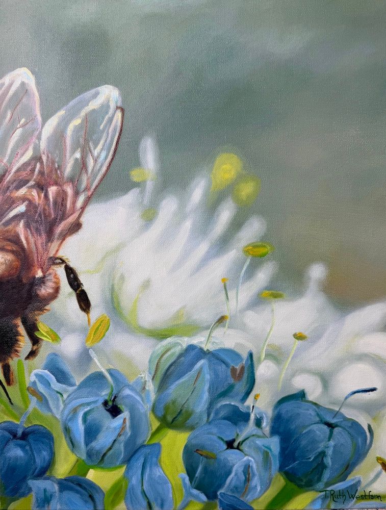 A painting of a honey bee flying above tiny blue and white blossoms.