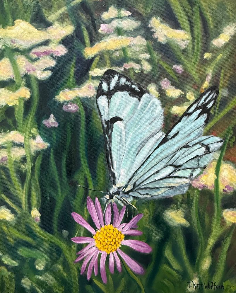 A painting of a western white butterfly resting momentarily on a magenta and yellow flower, among a wildflower patch swaying in the breezy. 