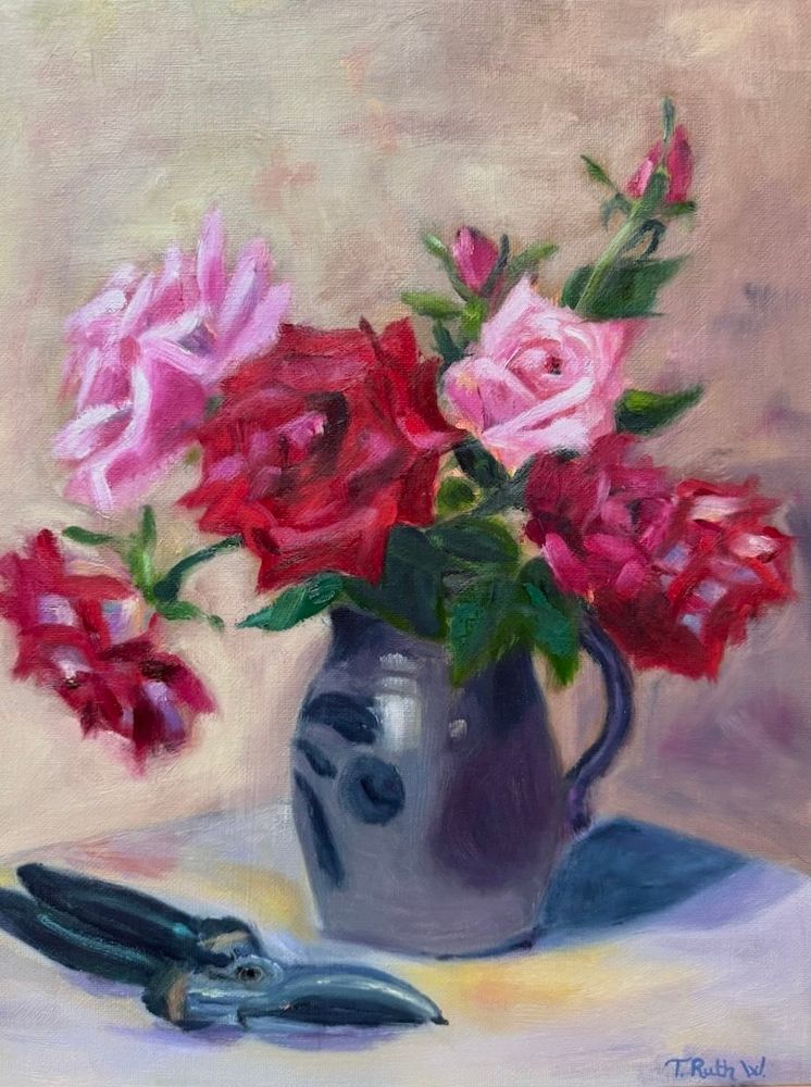 A painting of Red and pink roses in a blue clay pitcher, with a pair of garden shears laying nearby.
