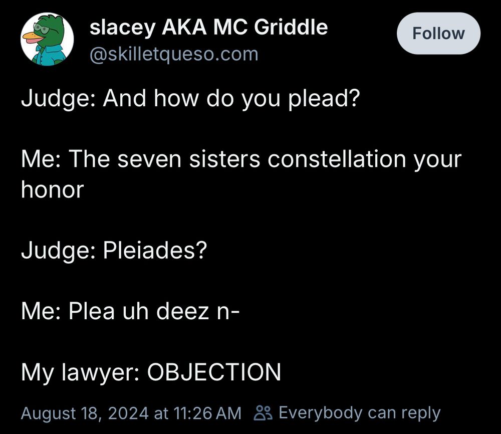 slacey AKA MC Griddle 
@skilletqueso.com
Judge: And how do you plead?

Me: The seven sisters constellation your honor

Judge: Pleiades?

Me: Plea uh deez n-

My lawyer: OBJECTION
August 18, 2024 at 11:26 AM