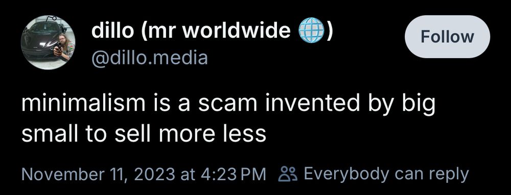 dillo (mr worldwide @dillo.media
minimalism is a scam invented by big small to sell more less
November 11, 2023 at 4:23 PM