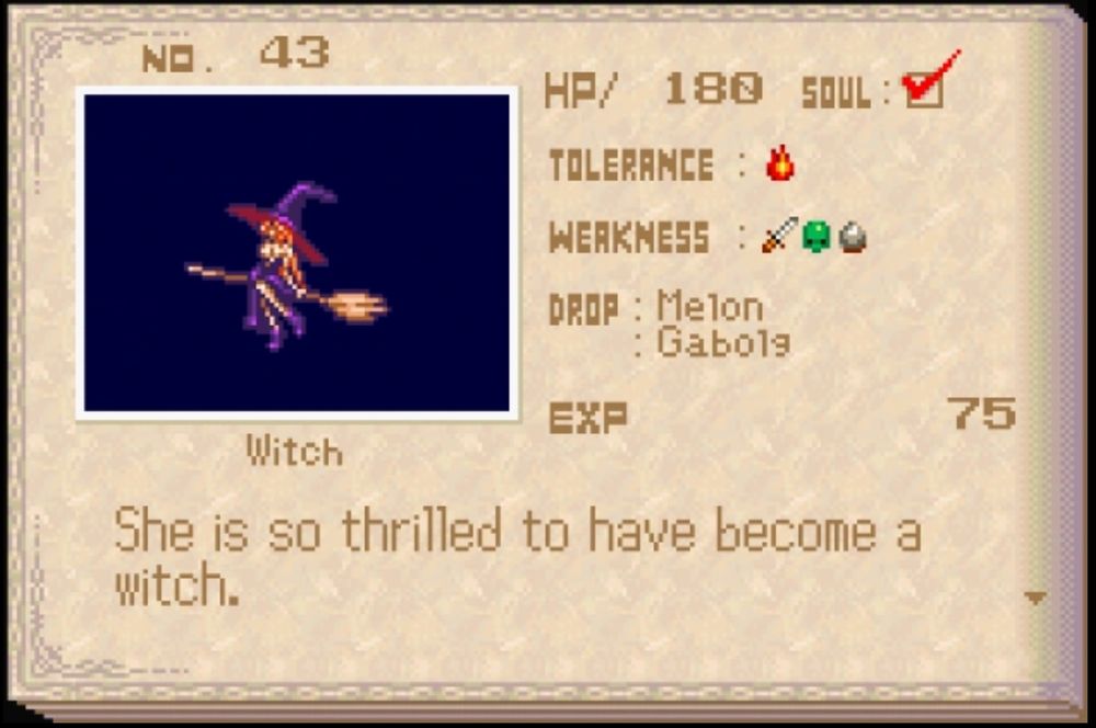 castlevania aria of sorrow enemy list entry for witch, indicating she is strong against fire