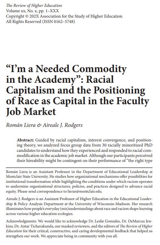 Screengrab of the PDF of our manuscript, “I’m a Needed Commodity in the Academy”: Racial Capitalism and the Positioning of Race as Capital in the Faculty Job Market 