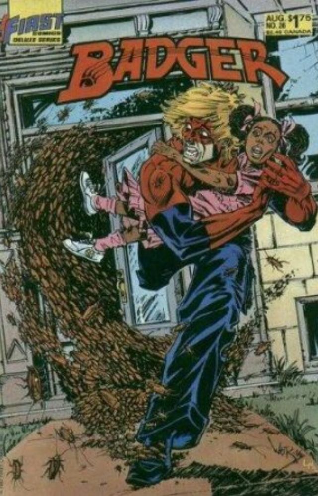 Cover for issue 26 of The Badger (1987) showing the Badger carrying a little girl and running away from a tsunami of cockroaches pouring out of a building. 
