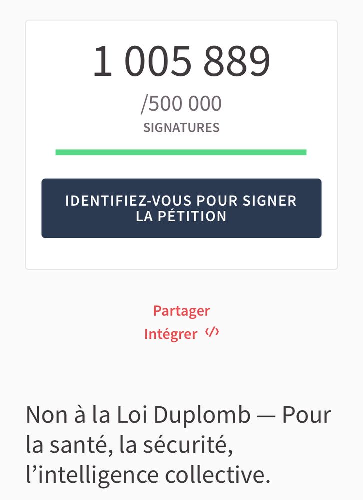 1 005 889 signatures enregistrées pour la pétition « Non à la Loi Duplomb - Pour la santé, la sécurité, l'intelligence collective. »